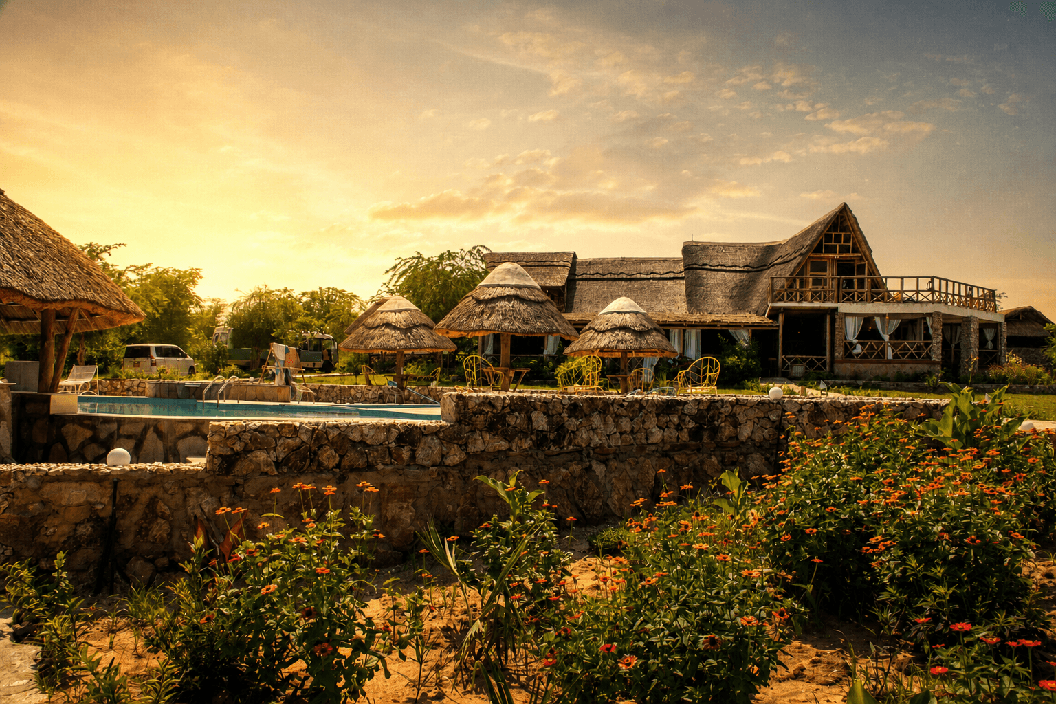 The Elephant Oasis lodge and pool area from the garden — thatched pavilions, orange flowers, stone walls, and the main A-frame lodge at golden hour, Murchison Falls Uganda