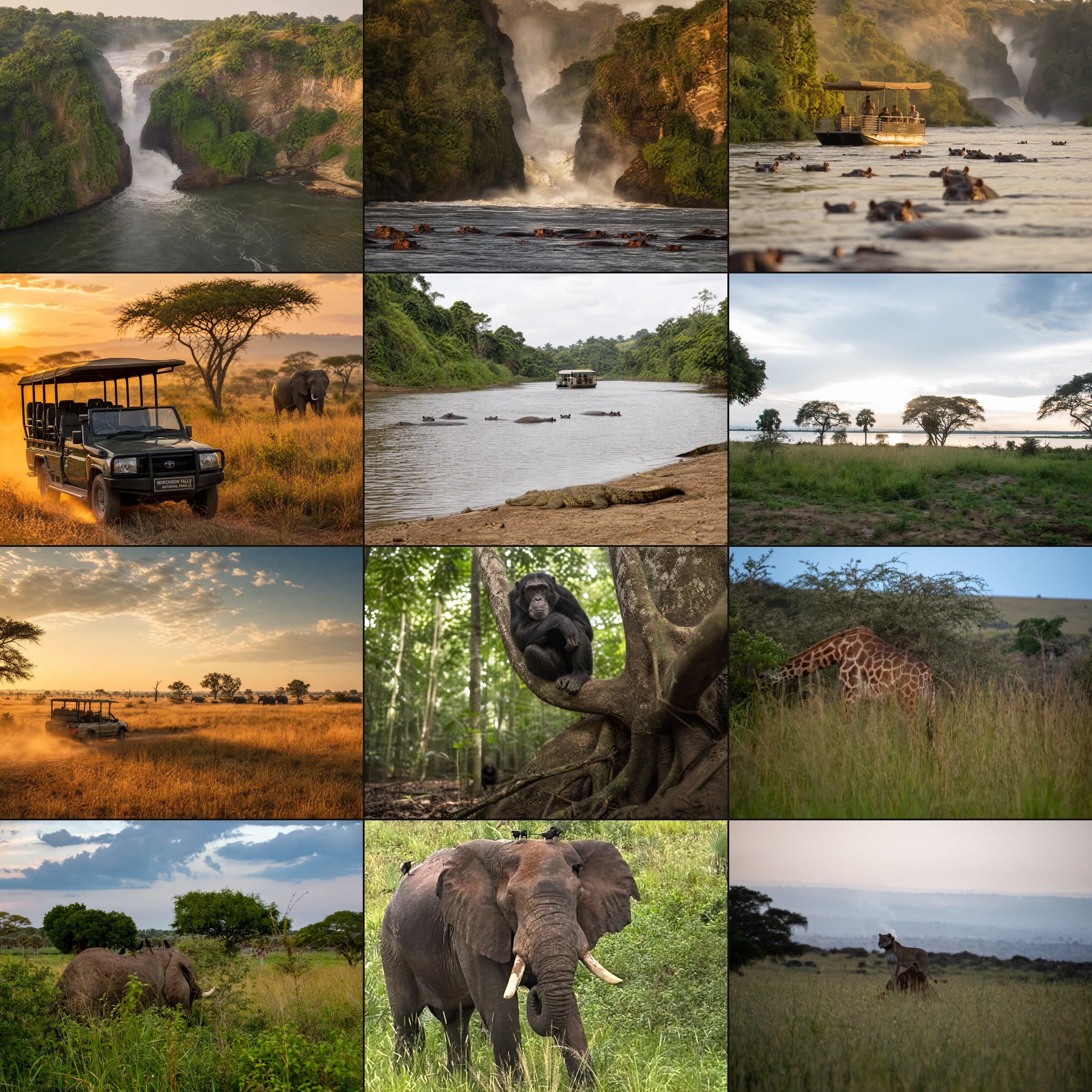 Twelve photographs of Murchison Falls National Park: Murchison Falls from above, hippos at the falls, Nile boat safari, game drive vehicle, hippos on the Nile, Nile at sunset, game drive landscape, chimpanzee, giraffe, elephant, wildlife, and lion at dusk, Murchison Falls Uganda