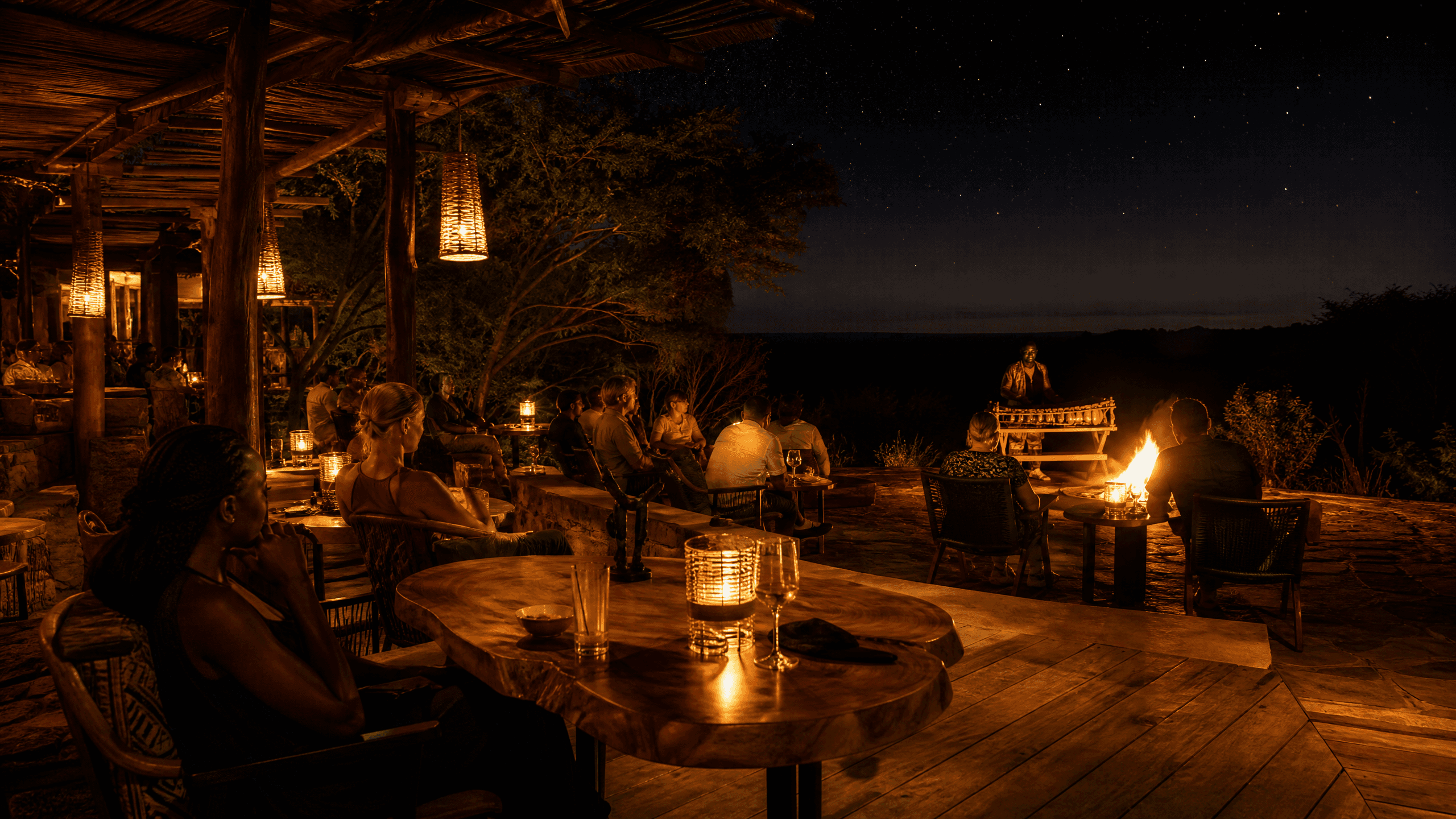 Open-air terrace at The Elephant Oasis at night — woven pendant lanterns, guests at live-edge tables, a musician by the fire, and stars above the African bush, Murchison Falls Uganda