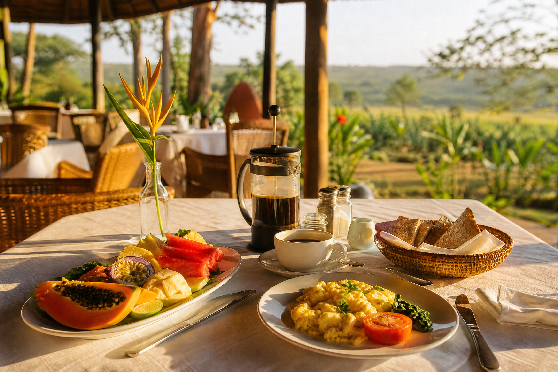 Breakfast table at The Elephant Oasis — fresh fruit platter, scrambled eggs, French press coffee, and bush views, Murchison Falls Uganda