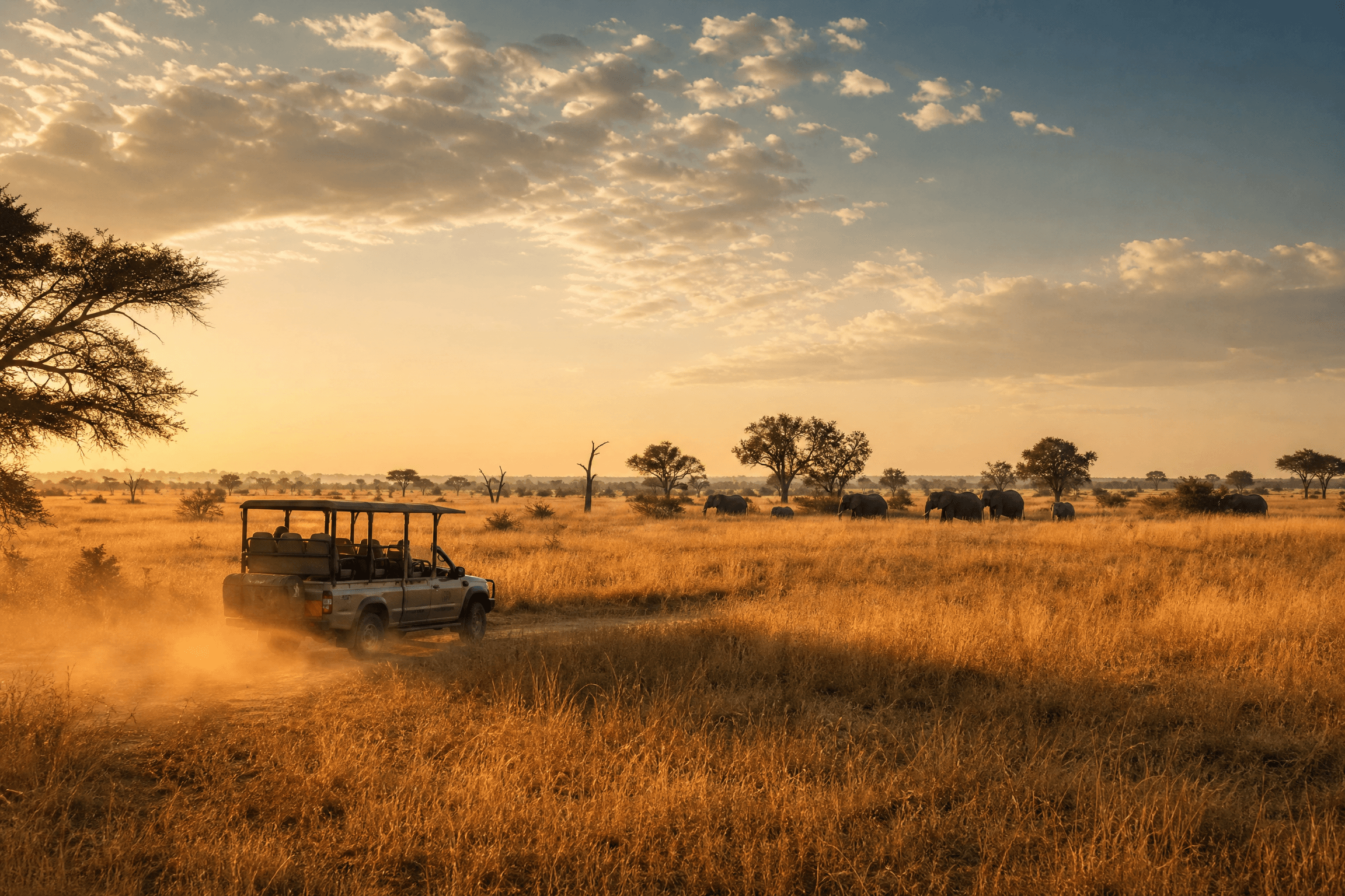 Open-sided safari game drive vehicle moving through golden savanna toward an elephant herd at Murchison Falls National Park, Uganda