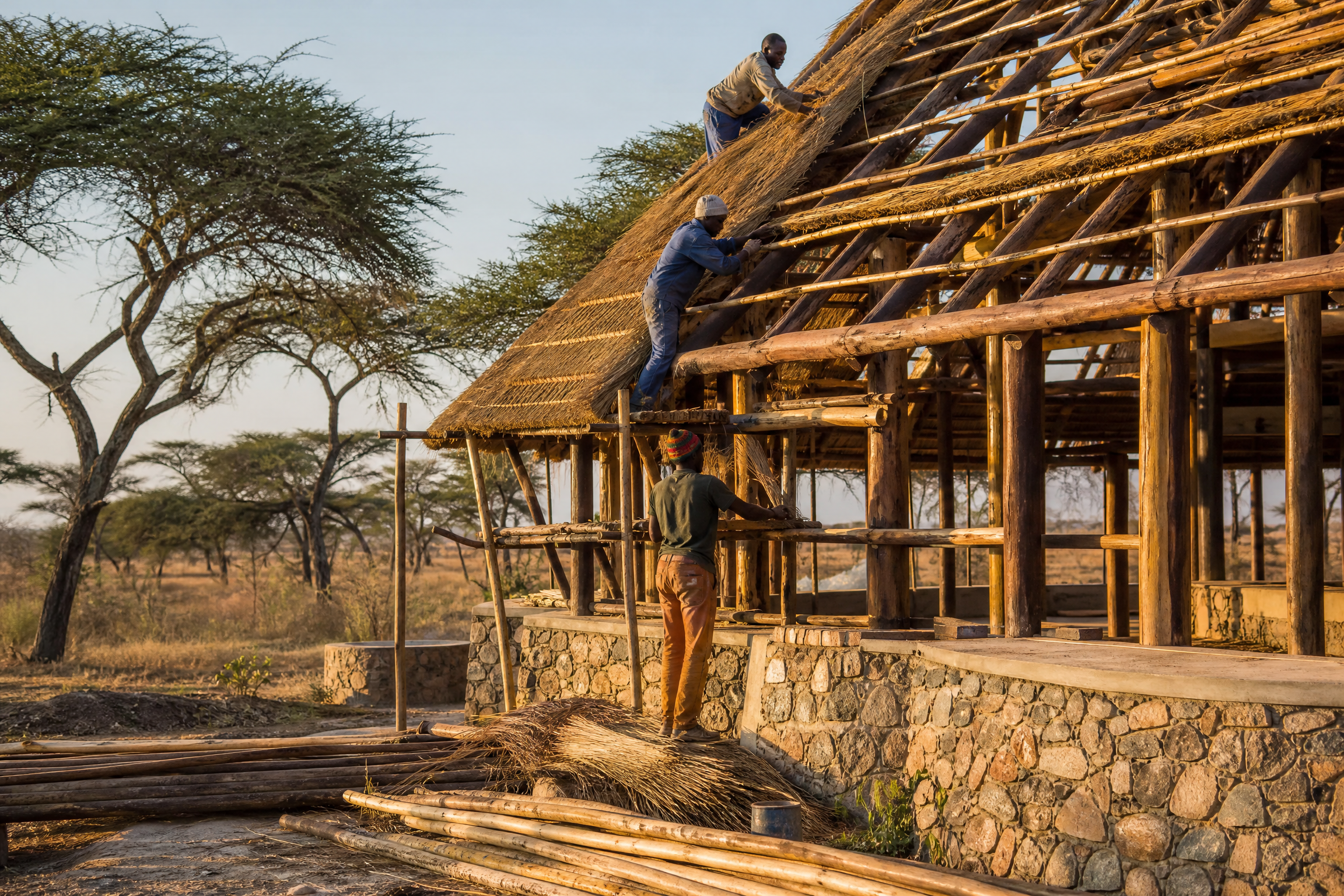 Local craftsmen constructing a thatched roof on a stone-foundation safari lodge in African savanna, showing timber framing and hand-laid stone walls