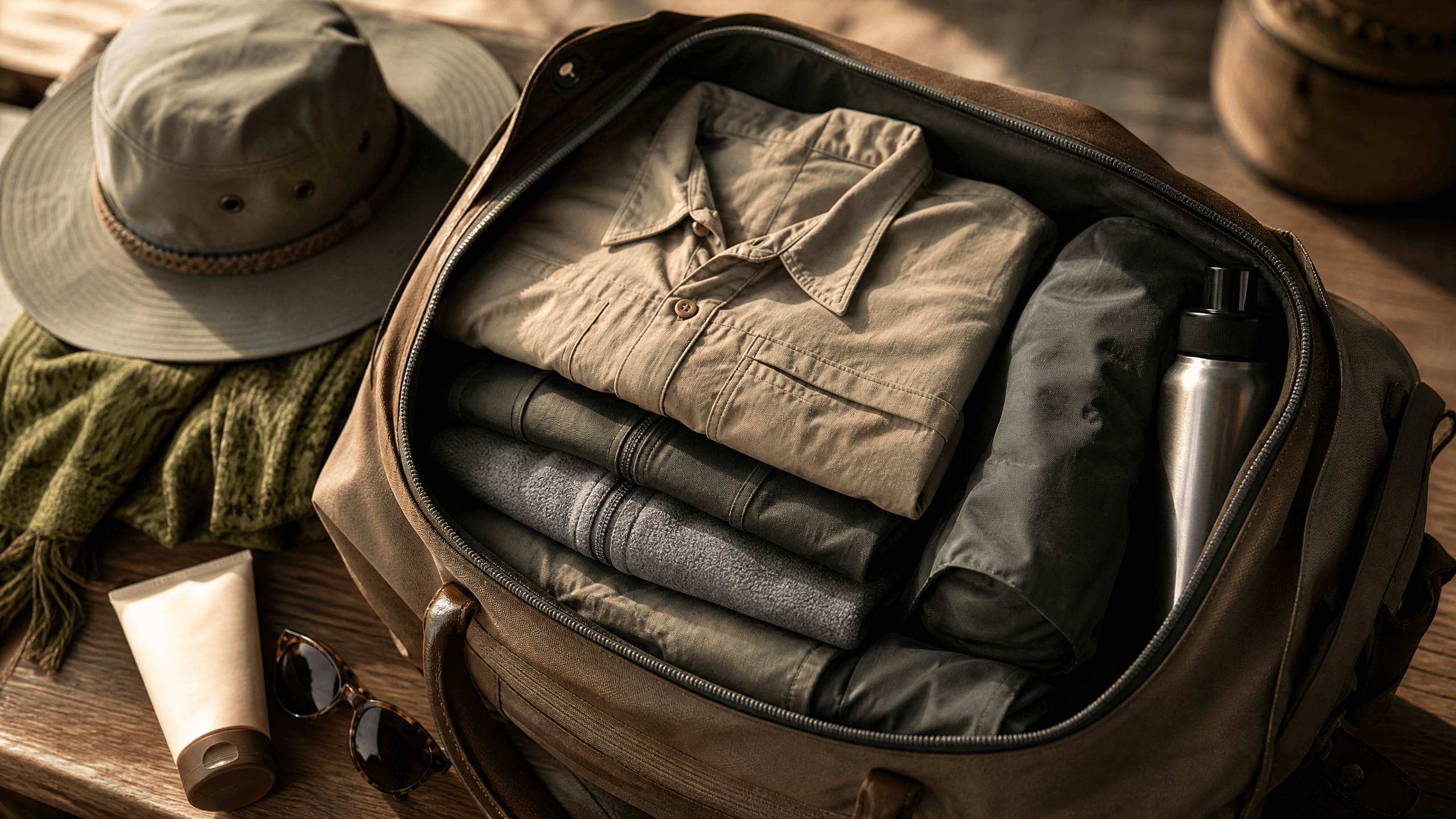 Open safari bag with neutral-colored layered clothing, wide-brimmed hat, water bottle, and sunscreen on a wooden surface