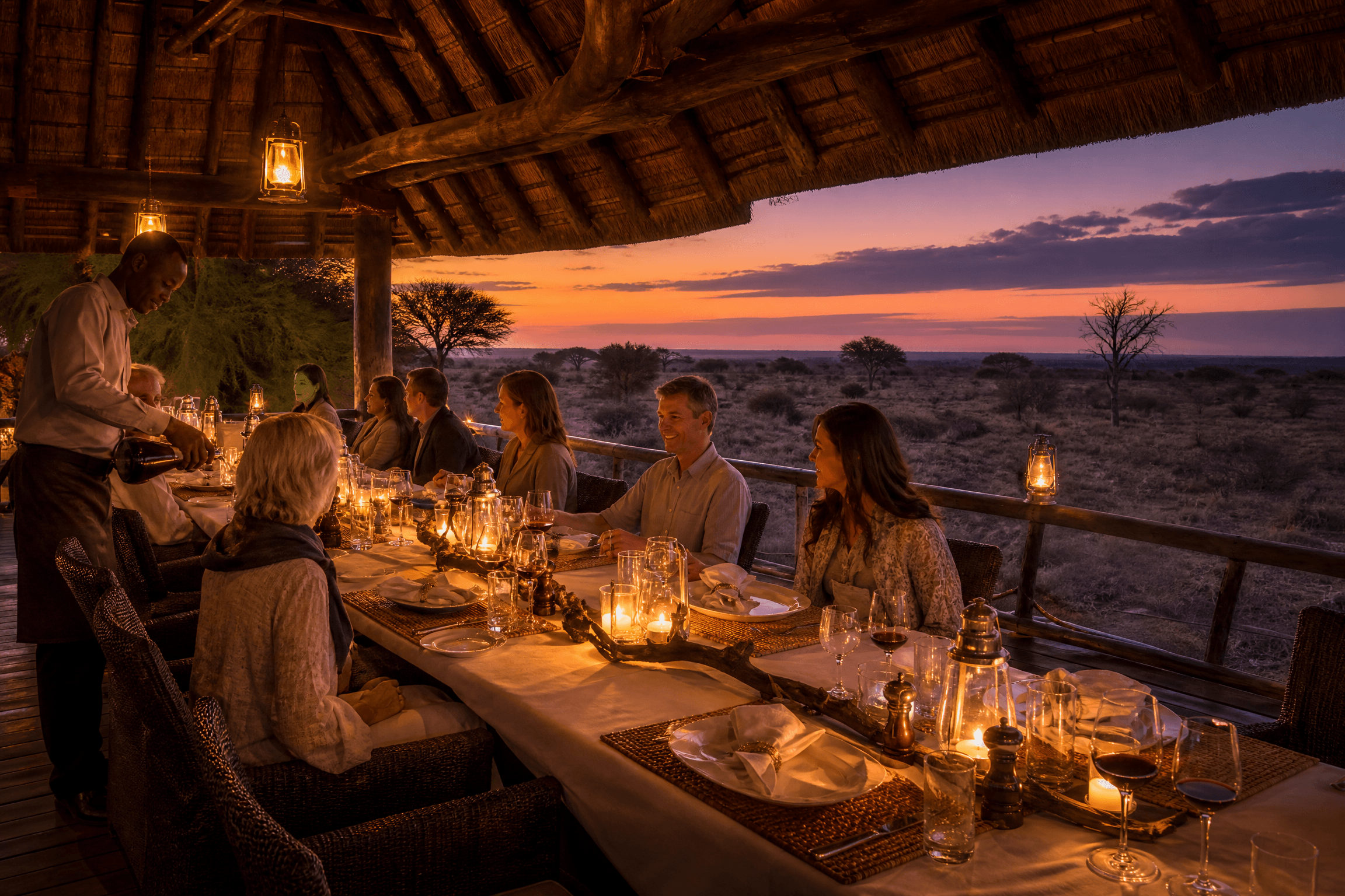 Outdoor safari dinner at a luxury African lodge at dusk, long candlelit table with wine glasses overlooking the savanna at sunset