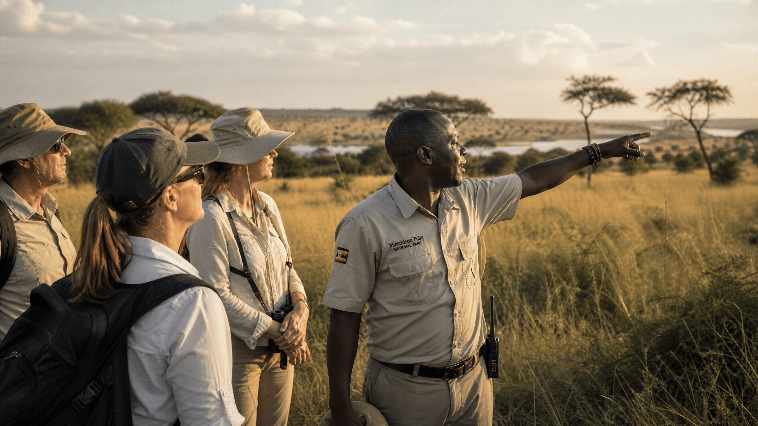 A Murchison Falls National Park guide in khaki uniform leading a small group of tourists on a guided walk through open savanna