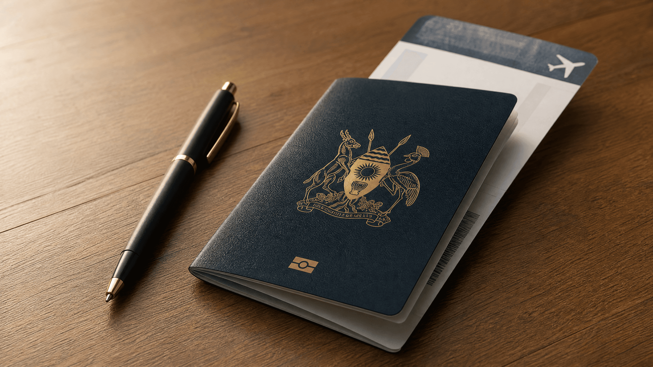 Ugandan passport and boarding pass on a wooden surface with a pen beside them