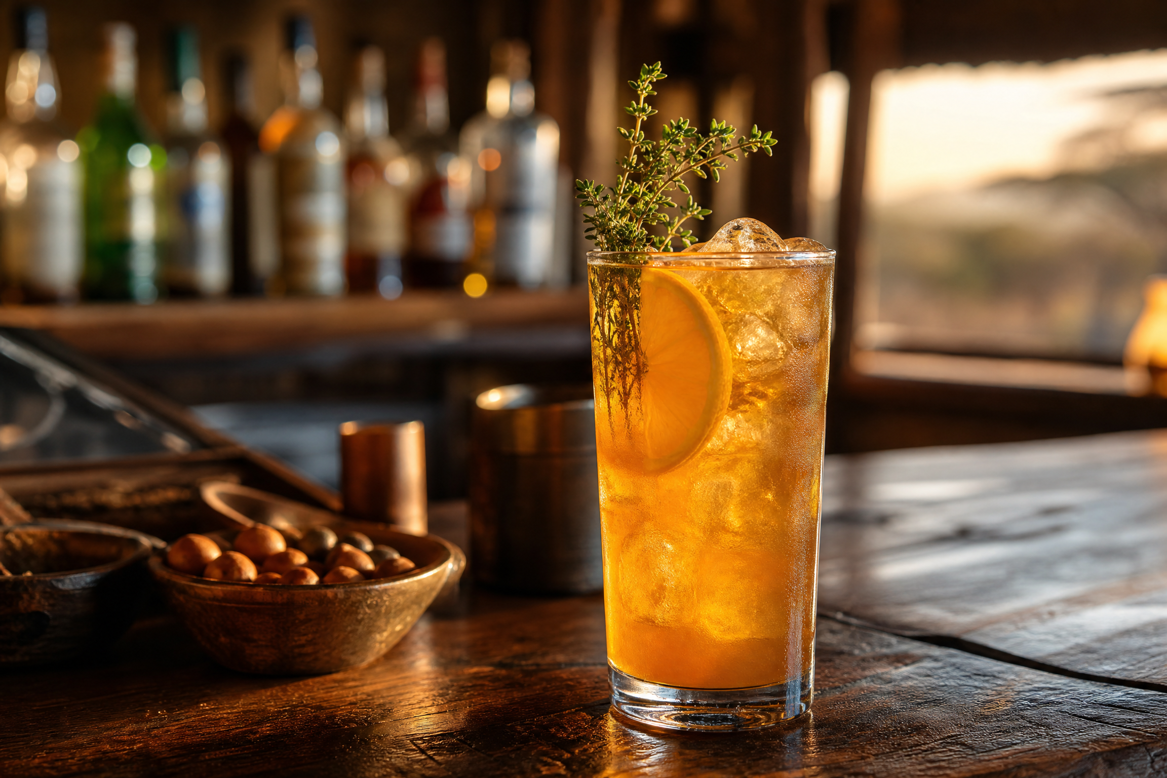 Oasis Waragi cocktail in a highball glass with orange slice and herb garnish on a dark wooden bar at a safari lodge