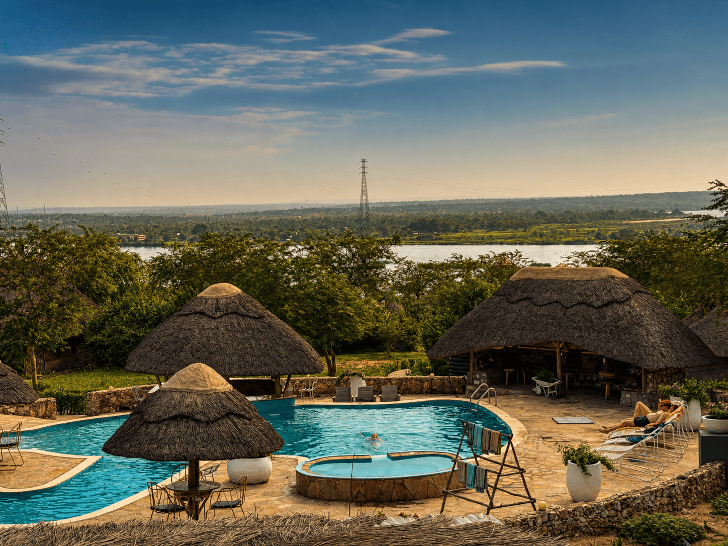 Golden hour view of The Elephant Oasis, Murchison Falls