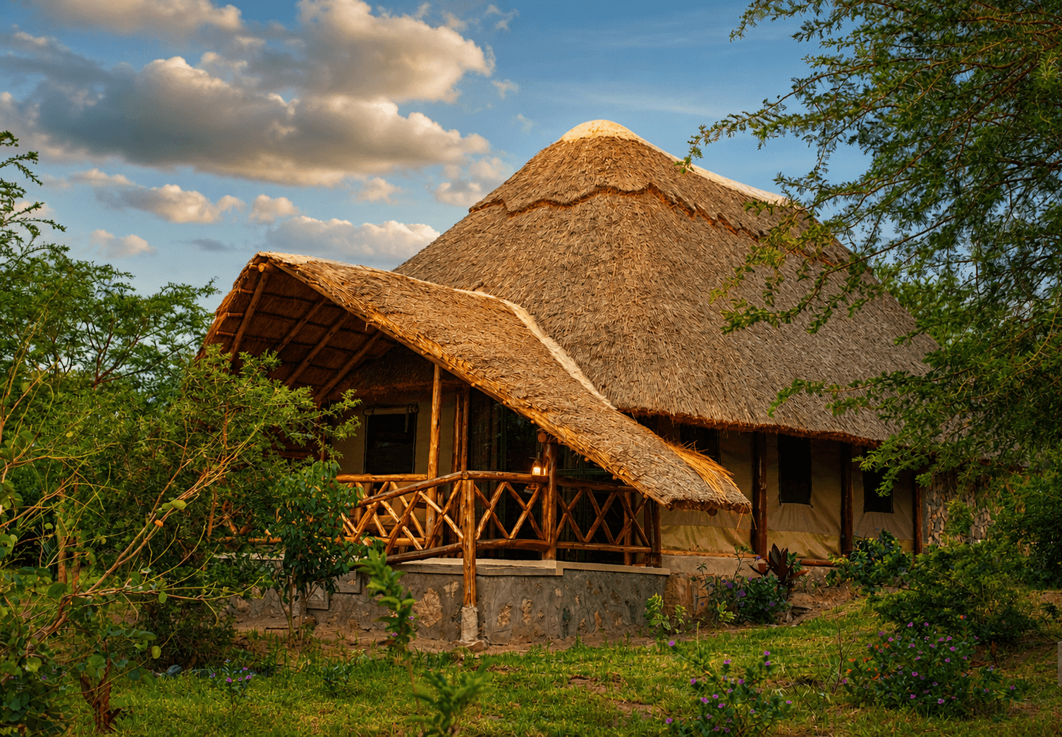Deluxe Safari Tent exterior at The Elephant Oasis — thatched roof, canvas walls, and lush garden, Murchison Falls Uganda