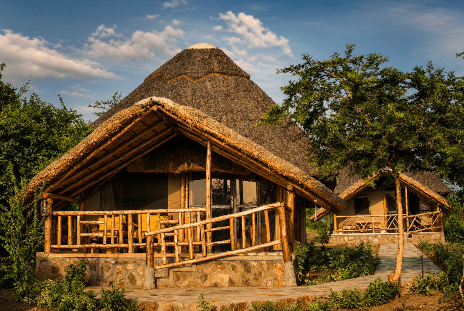 The Elephant Oasis Luxury Safari Tent exterior — wide thatched roof, timber deck, yellow outdoor chairs, stone path, Murchison Falls Uganda