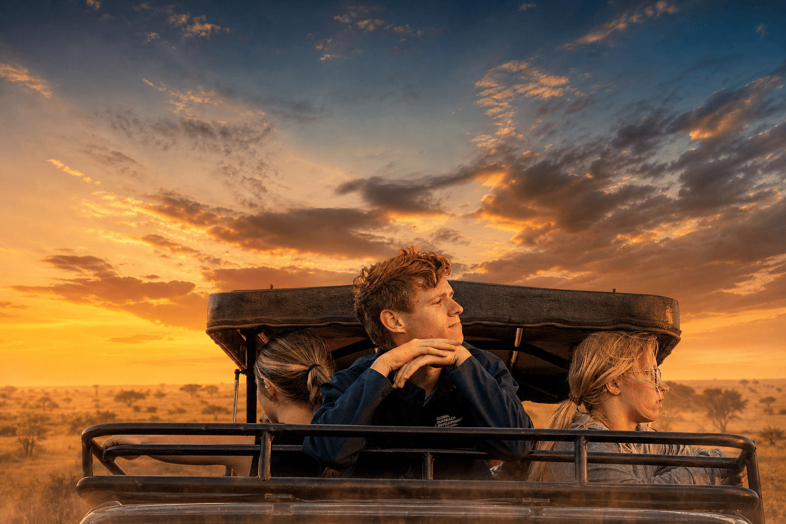 Young guests in a safari vehicle at golden hour, looking out over the savanna at Murchison Falls National Park, Uganda
